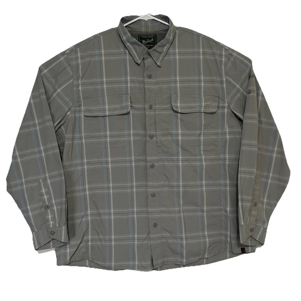 Woolrich Button Down Shirt Men's 2XL Lightweight Outdoors Plaid Gray Long Sleeve